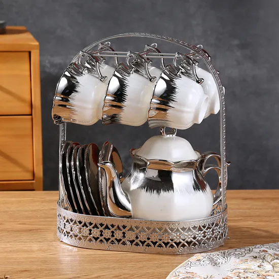 Factory Hot Sell Arabic Style Simple White Golden Silver Tea Set Fine Ceramic Tea Pot Set Luxury Porcelain 14PCS Coffee Cups Set with Metal Holder