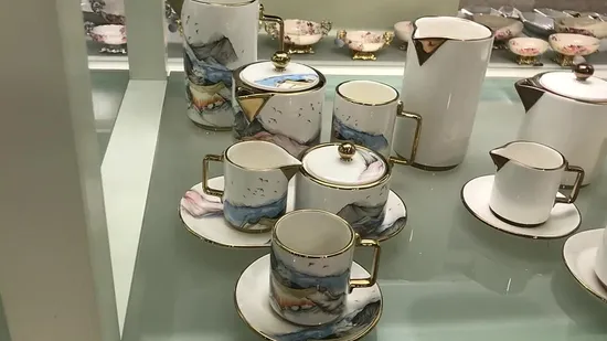 Nature Mountain Pattern Decal Gold Ceramic Drinkware Coffee Tea Set
