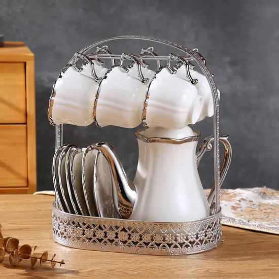 Wholesale Hot Sell Arabic Style Simple Luxury White Golden Silver Ceramic Tea Set 14PCS Coffee Set with Metal Holder