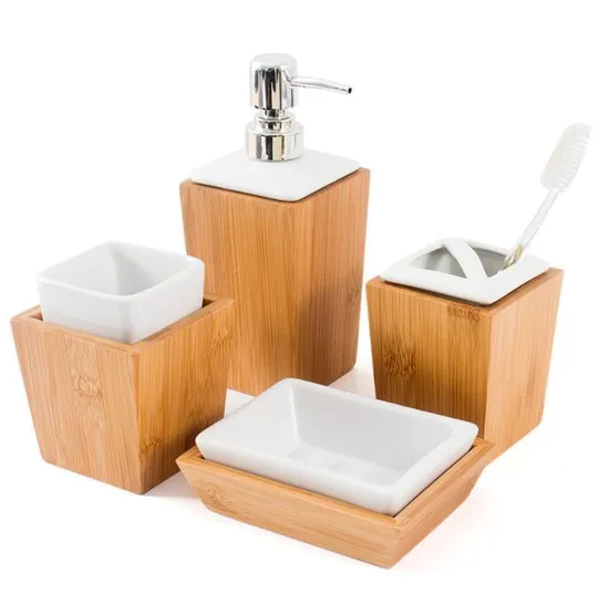 Ceramic Bathroom Set with Bamboo Stand Bath Accessory Shower Set