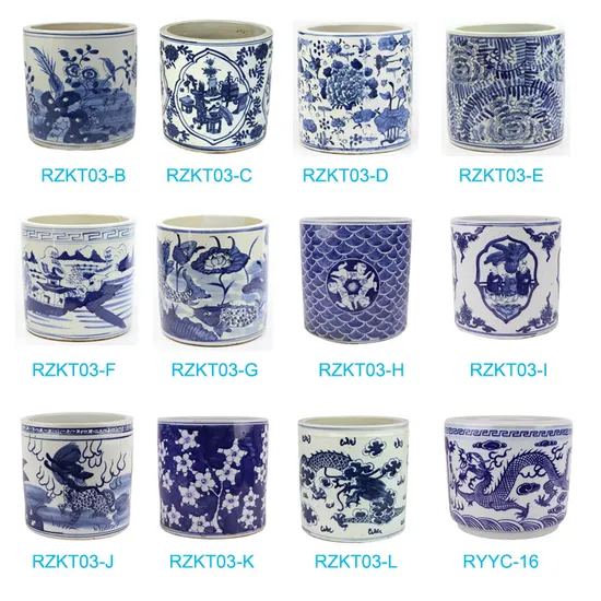Blue and White Mandarin Ducks Butterfly Round Circle Unicorn Design Ceramic Pen Holder Container