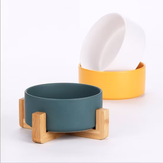 Ceramic Pet Cat Bowl, Wooden Shelf Cat Dog Food Bowl