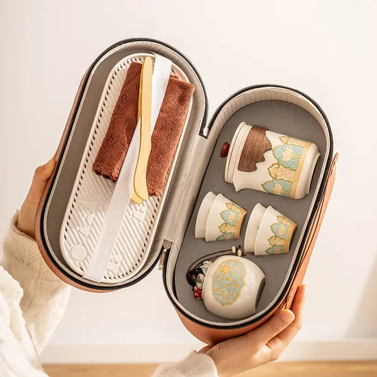 Handmade Retro Vintage White Ceramic Tea Cup Set with 4 Cups & Tea Jars Includes Leather Bag for Food Storage & Container 