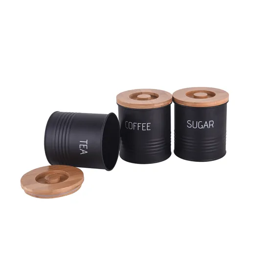 Household Tea Coffee Sugar Canister Set Black with Bamboo Lid 