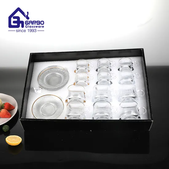 New Stock Tea Glass Cup and Saucer Set H Line Design Drinking Glass Mug and Dish Set for Wholesale Daily Use 24PCS Drinking Cup 