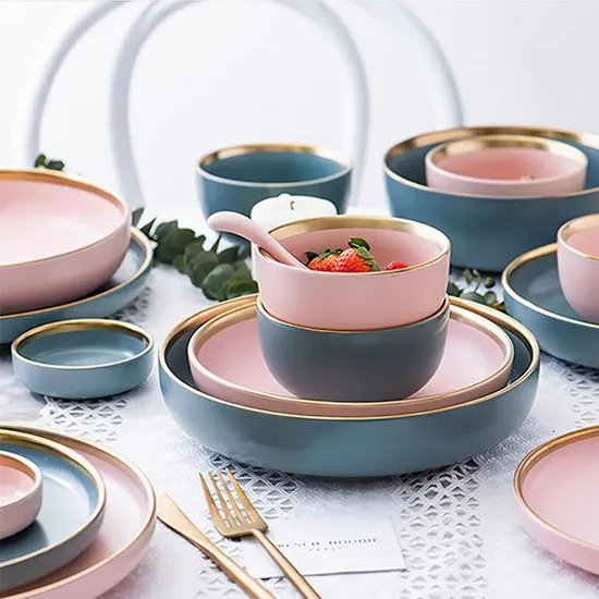 Chaozhou Factory Hot Sell Simple Matte Gold Edge Ceramic Tableware Household Rice Bowl Dinner Plate Small Dish Soup Bowl Steak Plate 