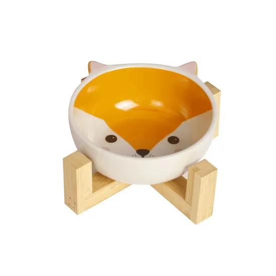 Ceramic Elevated Cat Bowl with Wooden Bracket Environmental Protection Pet Bowl 