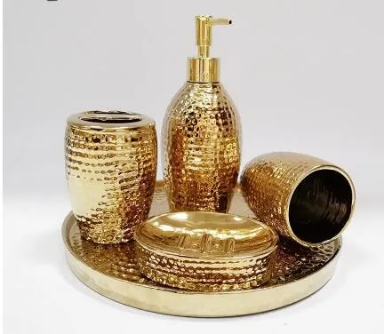 European Elegant Modern Style Glossy Golden Ceramic Bath accessory Set 