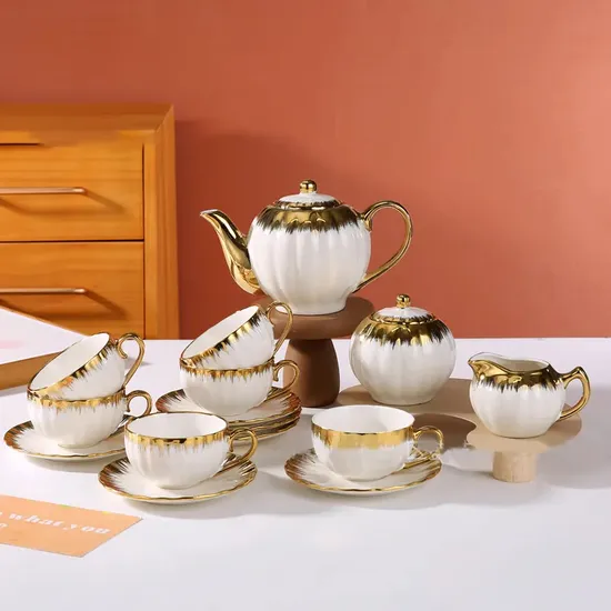 New Style Ceramic Electroplated Gold Afternoon Tea Light Luxury Nordic Ins Coffee Cup Set Sugar Jar Household Tea Pot Porcelain Coffee Set 