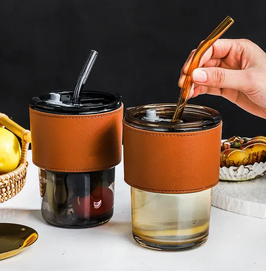 Glass Tumbler Cups with Straws Bamboo Cup Glass Couple Portable Travel Mug Coffee Cup 