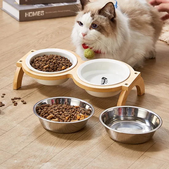 Wooden Ceramic Drinking and Eating Neck Guard to Prevent Overturning Pet Bowl 