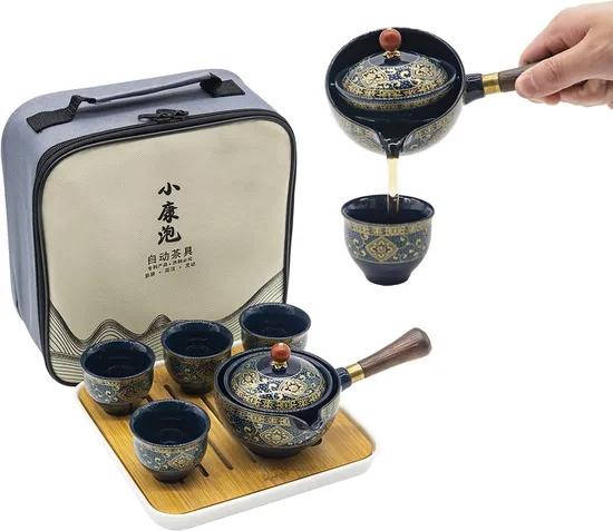 Porcelain Chinese Gongfu Tea Set Portable Teapot Set with 360 Rotation Tea Maker and Infuser Portable All in One Gift Bag for Travel Gifting Outdoor 