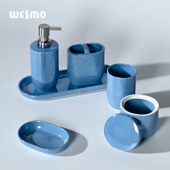 Blue Lotion Dispenser Porcelain Washroom Decoration Bathroom Accessories Set Items Soap Dispenser Ceramic Bathroom Set 