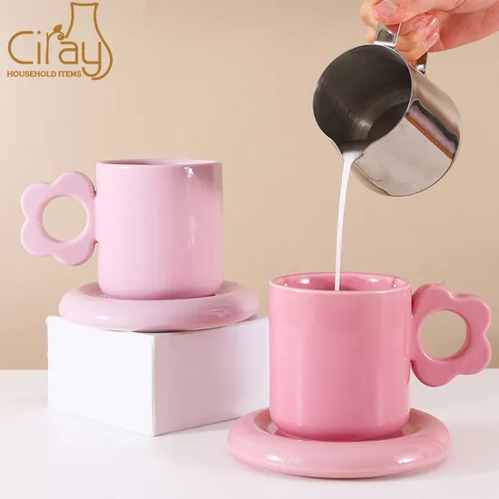 Creative Ceramic Coffee Mug with Flower Shape Handle and Saucer 