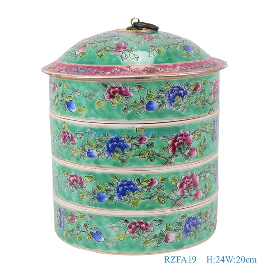 Chinese Handmade Famille Rose Green Peony Flower Enamel Multi